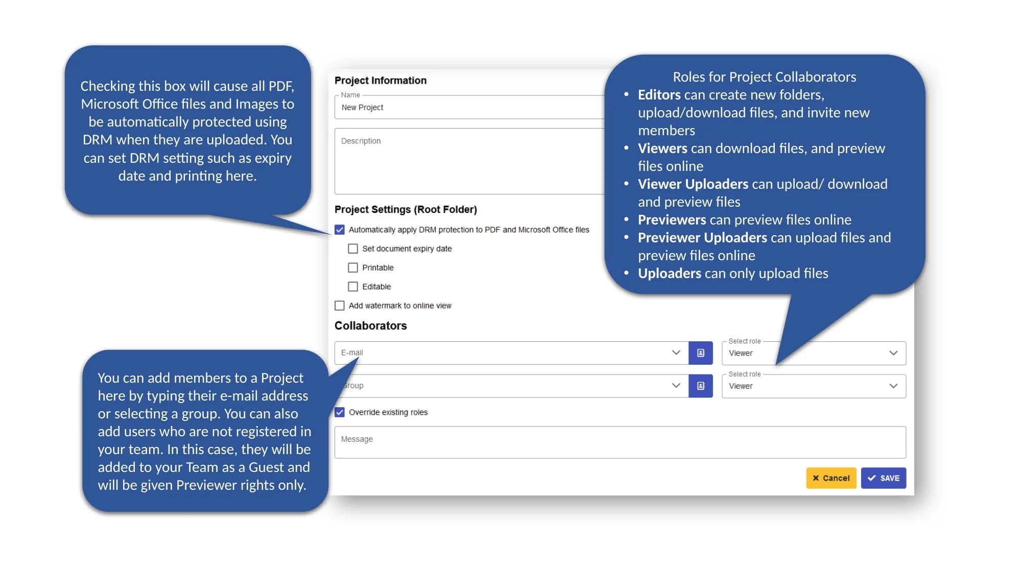 SecureDrive QuickStart slide showing project settings, collaborator roles, and automatic DRM protection settings.