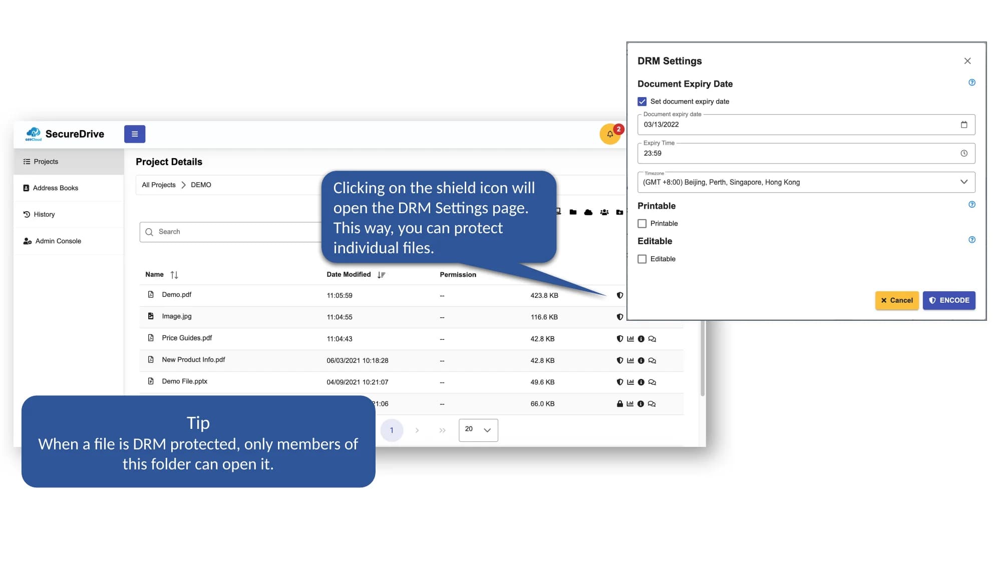 SecureDrive QuickStart slide showing how to protect files with DRM using the shield icon and DRM settings.