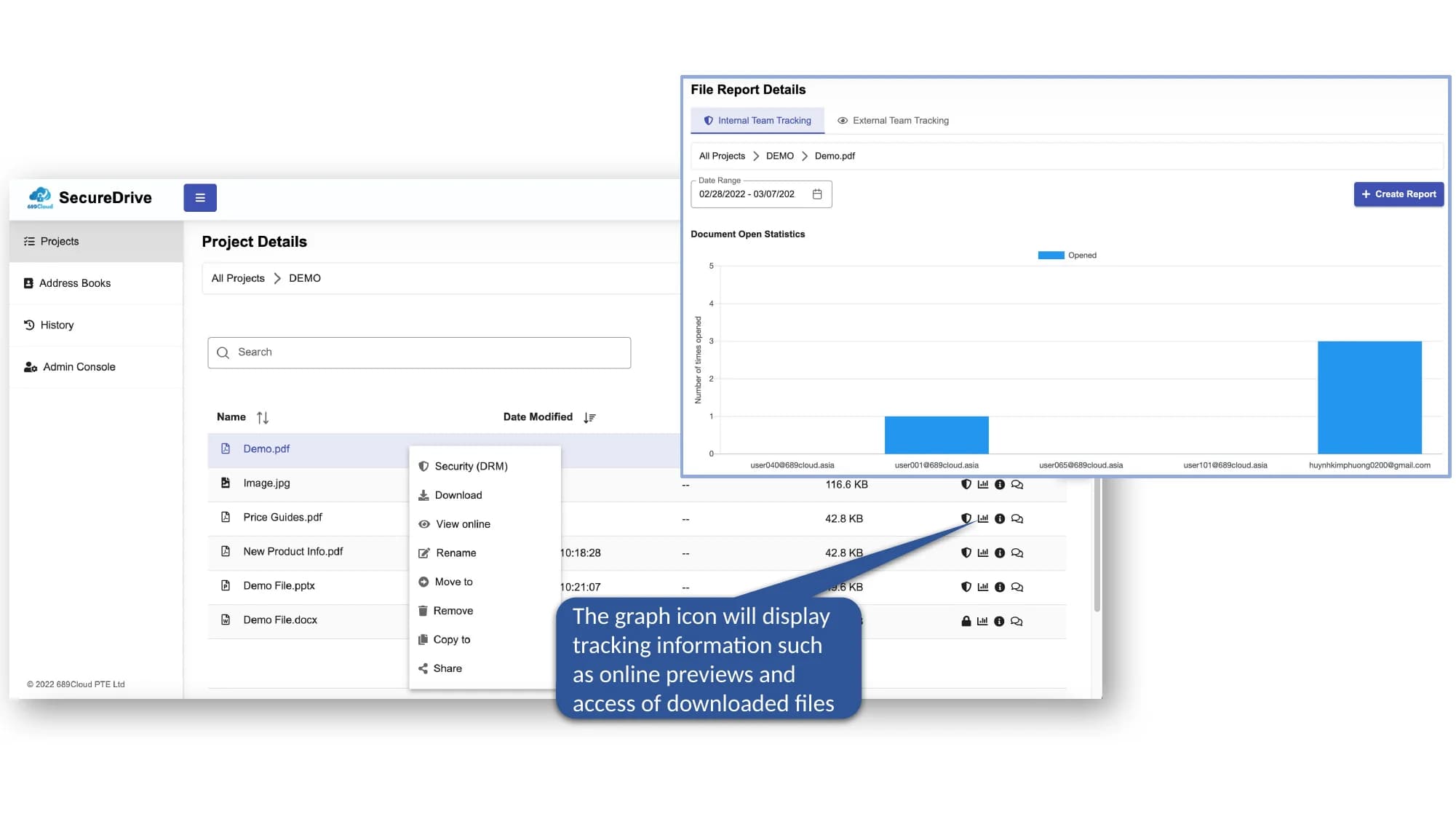 SecureDrive QuickStart slide showing tracking protected files and the graph icon.