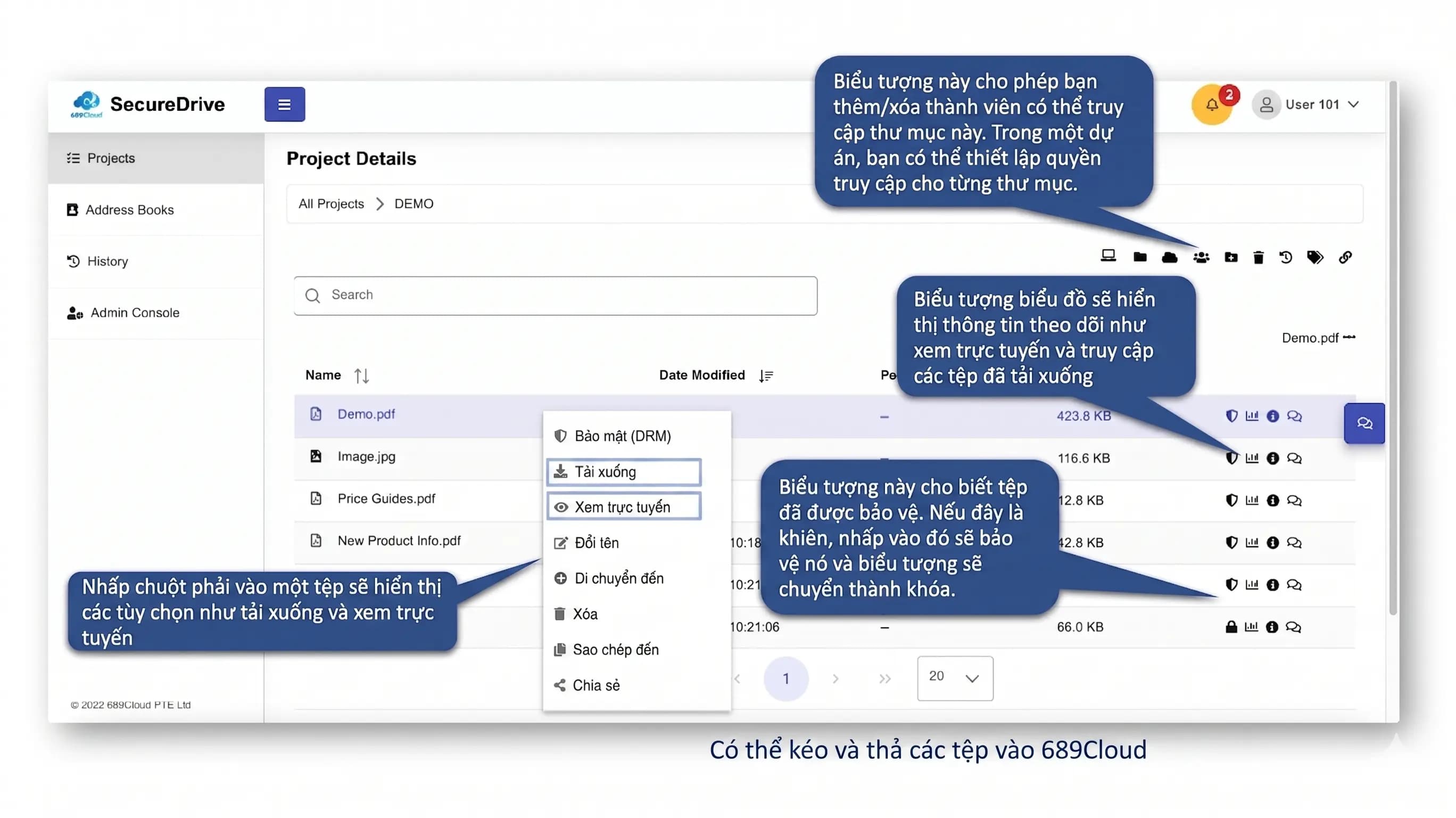 Slide QuickStart SecureDrive hiển thị file và thư mục, biểu tượng file được bảo vệ, biểu tượng theo dõi và phân quyền thư mục.
