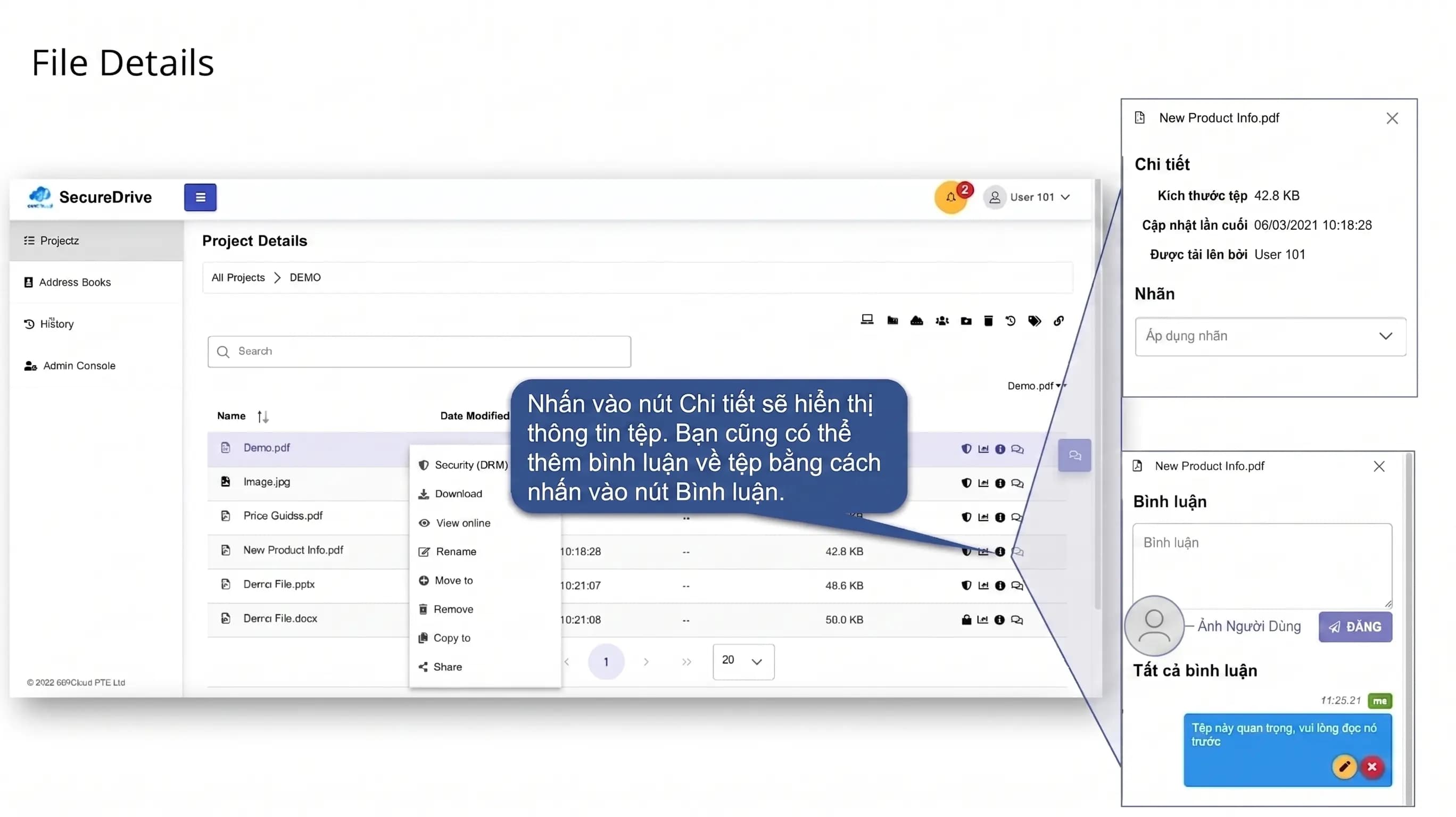 Slide QuickStart SecureDrive hiển thị chi tiết file và bình luận.