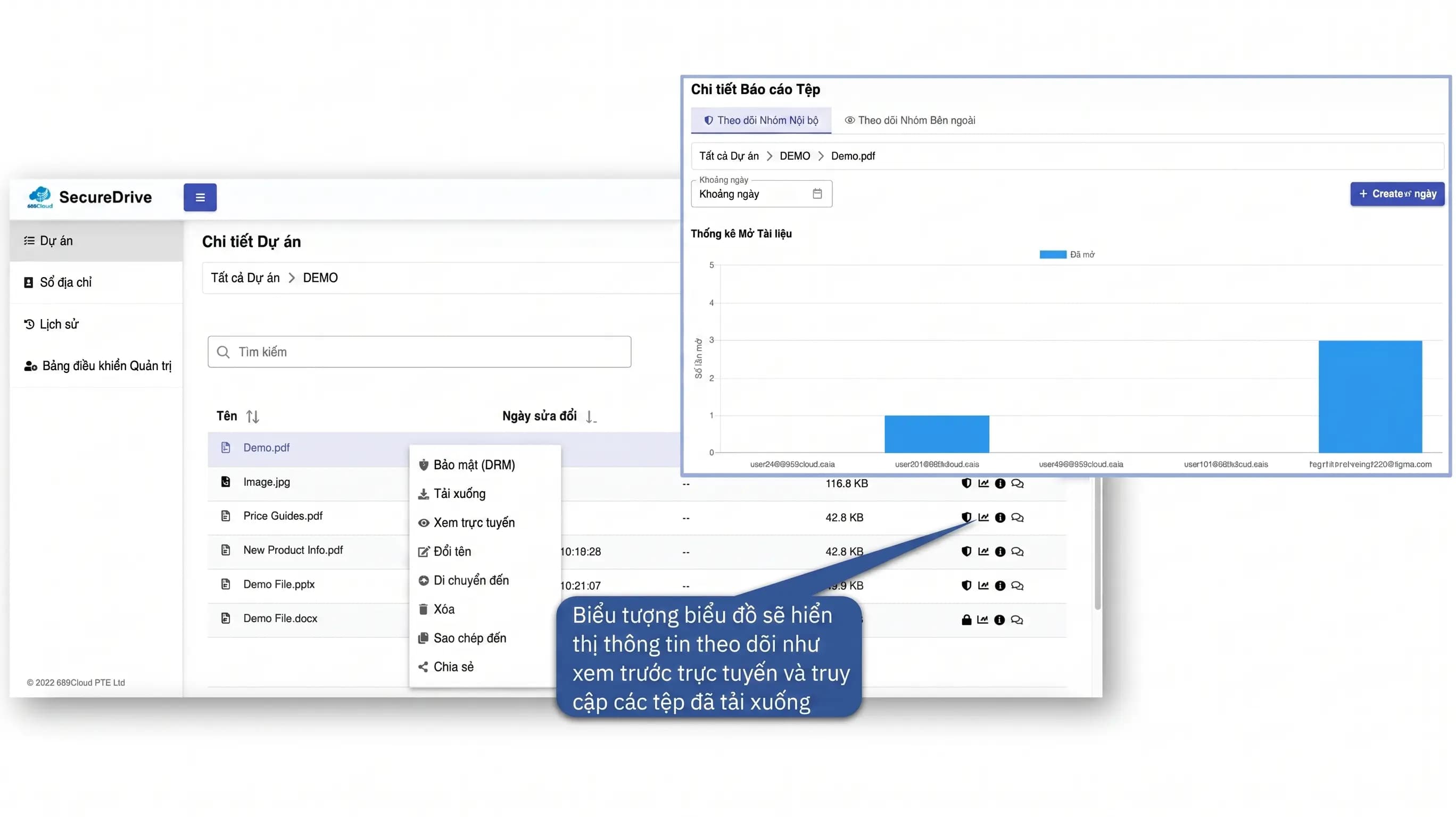 Slide QuickStart SecureDrive hiển thị theo dõi file được bảo vệ và biểu tượng biểu đồ.
