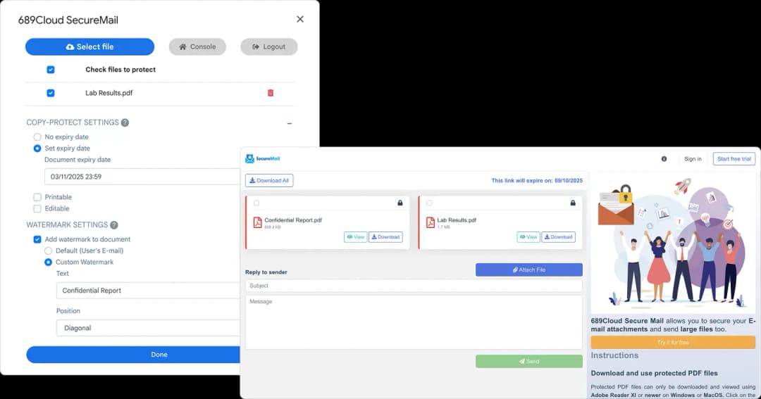 Giao diện SecureMail hiển thị cài đặt chống sao chép, thời hạn, watermark, file được bảo vệ và soạn thư an toàn.